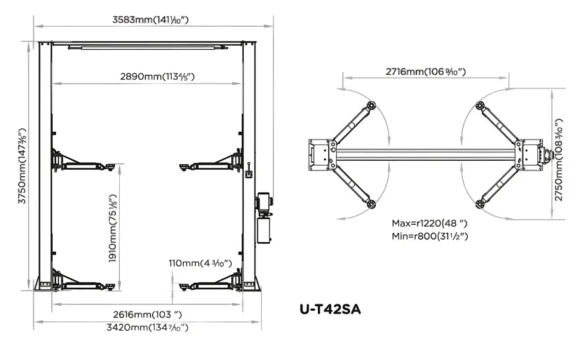 2-х постовой подъемник 4,2т. U-T42SA (220V) КОМПЛЕКТ