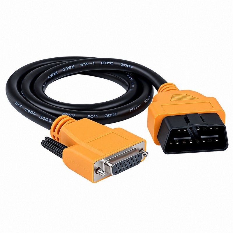 Основной тестовый кабель OBD16 (штекер) — HDB15F (розетка) с разъемом питания DC, длина 1000 мм