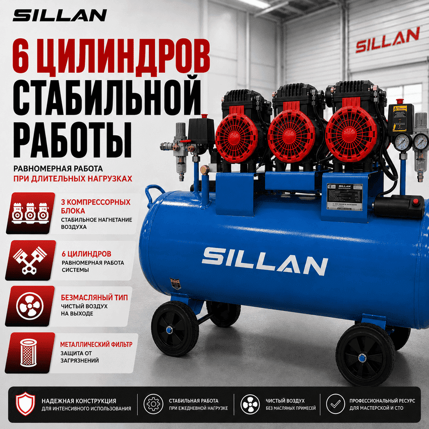 Компрессор воздушный Sillan (HM1.1JW*3/100L б/м) 100L/8Bar/230V
