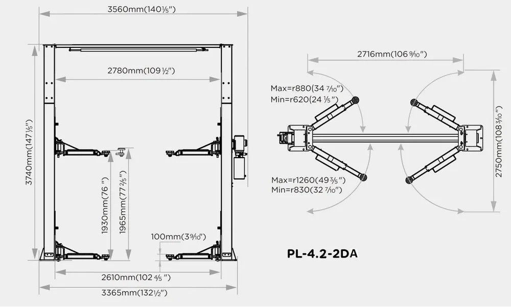 2-х постовой подъемник 4т. PL-4.2-2DA. 380V КОМПЛЕКТ схема