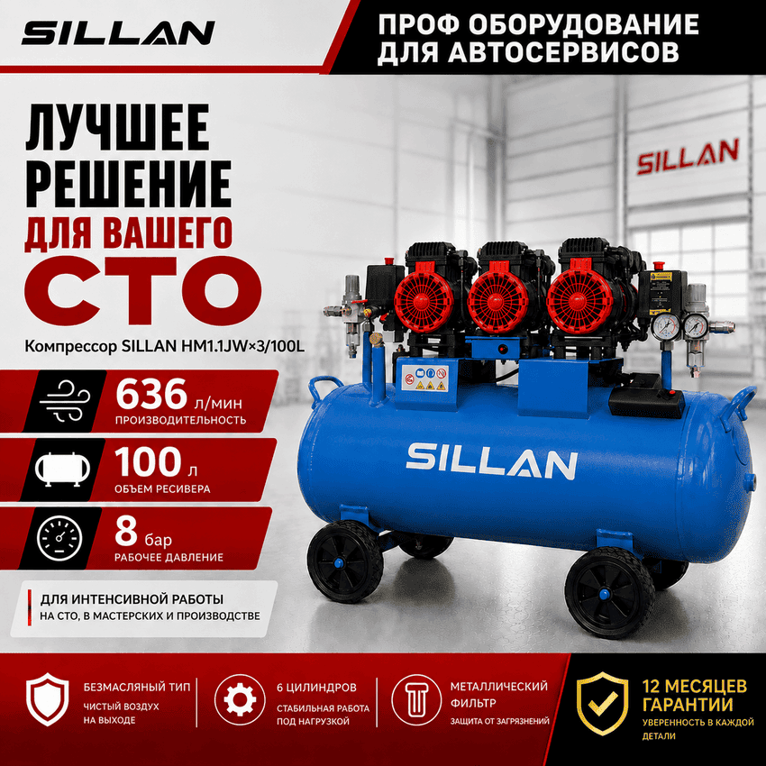 Компрессор воздушный Sillan (HM1.1JW*3/100L б/м) 100L/8Bar/230V