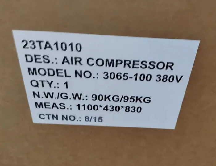 Компрессор воздушный 3065-100 380V-4.0HP маркировка на упаковке
