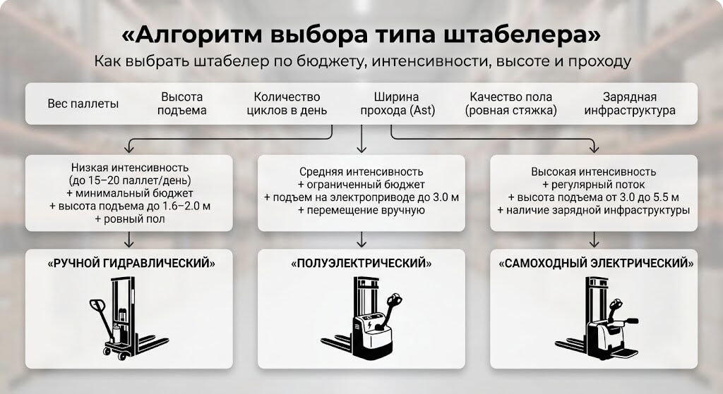 Блок-схема как выбрать электрический, гидравлический или ручной штабелер для склада
