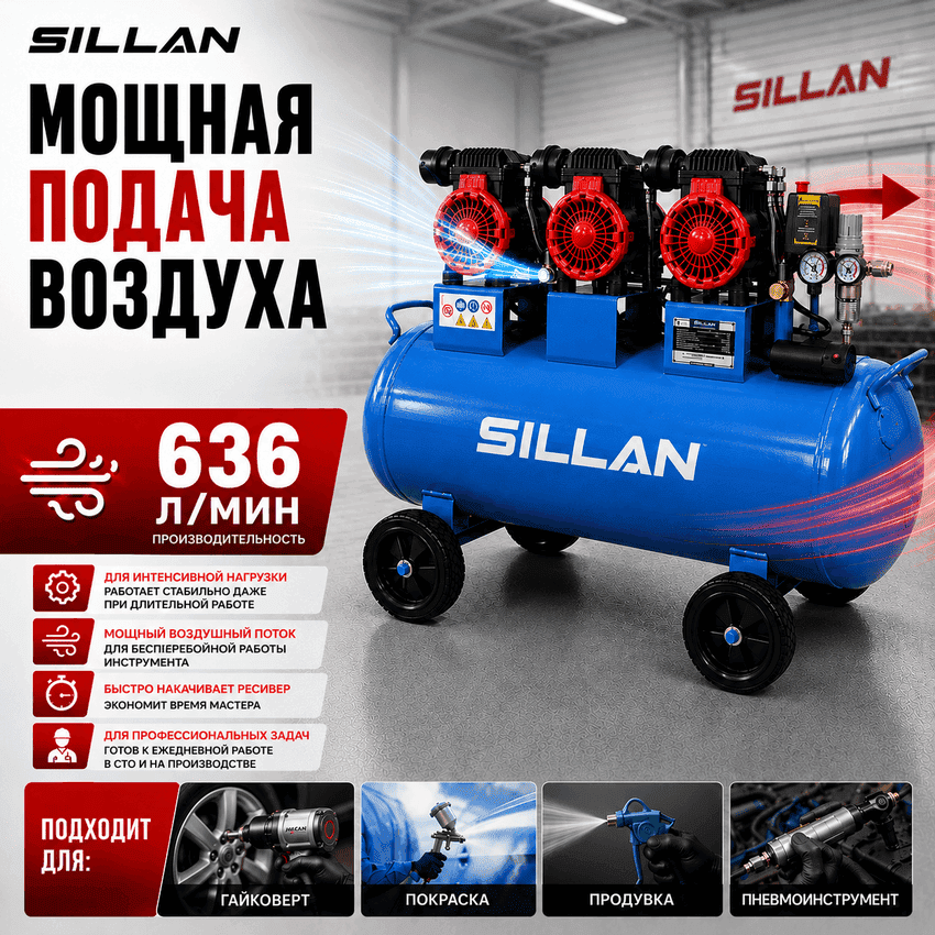 Компрессор воздушный Sillan (HM1.1JW*3/100L б/м) 100L/8Bar/230V