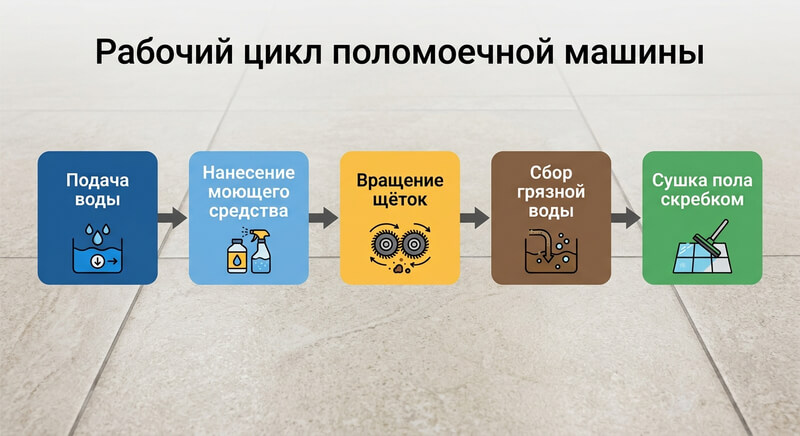 принцип работы поломоечной машины: подача раствора, щётки, сбор воды, сушка пола