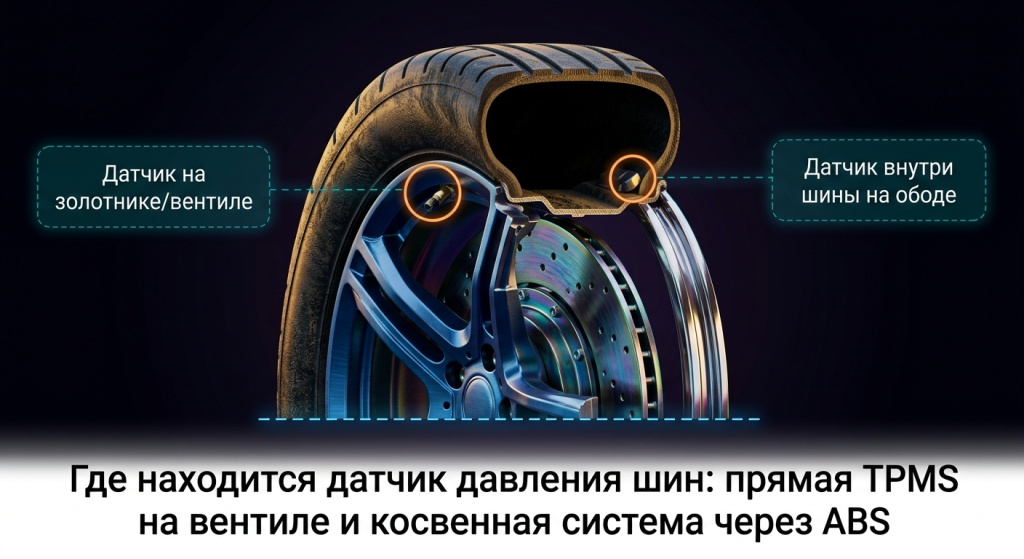 Схема расположения датчиков давления в шинах: прямой датчик на вентиле и косвенная система