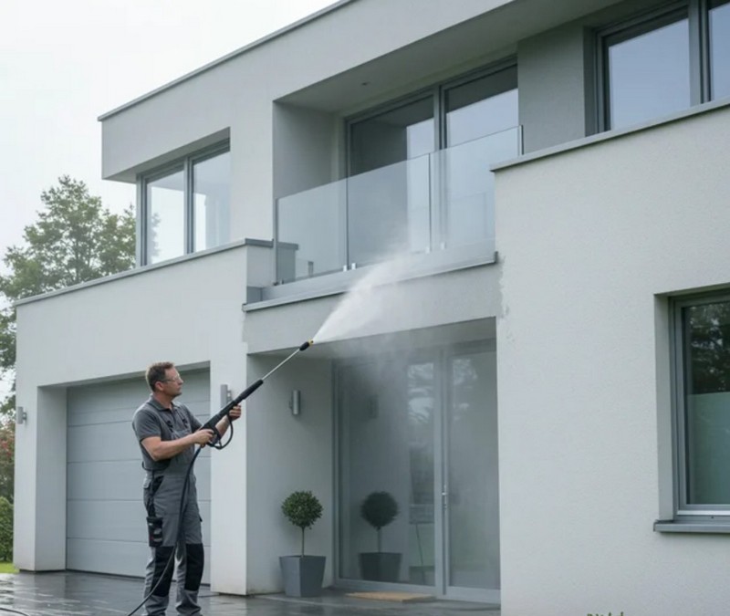 Очистка фасада дома с помощью автомойки высокого давления